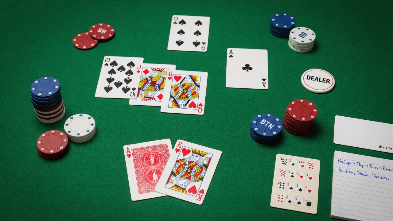 Overhead photo of a clean Texas Hold’em setup on green felt: A♥ K♥ as