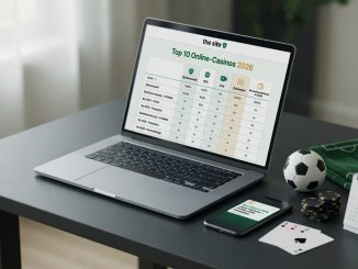Photographic desk scene with a laptop showing a German Top 10 Online-Casinos 2026 comparison