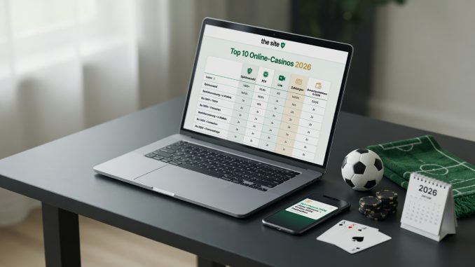 Photographic desk scene with a laptop showing a German Top 10 Online-Casinos 2026 comparison