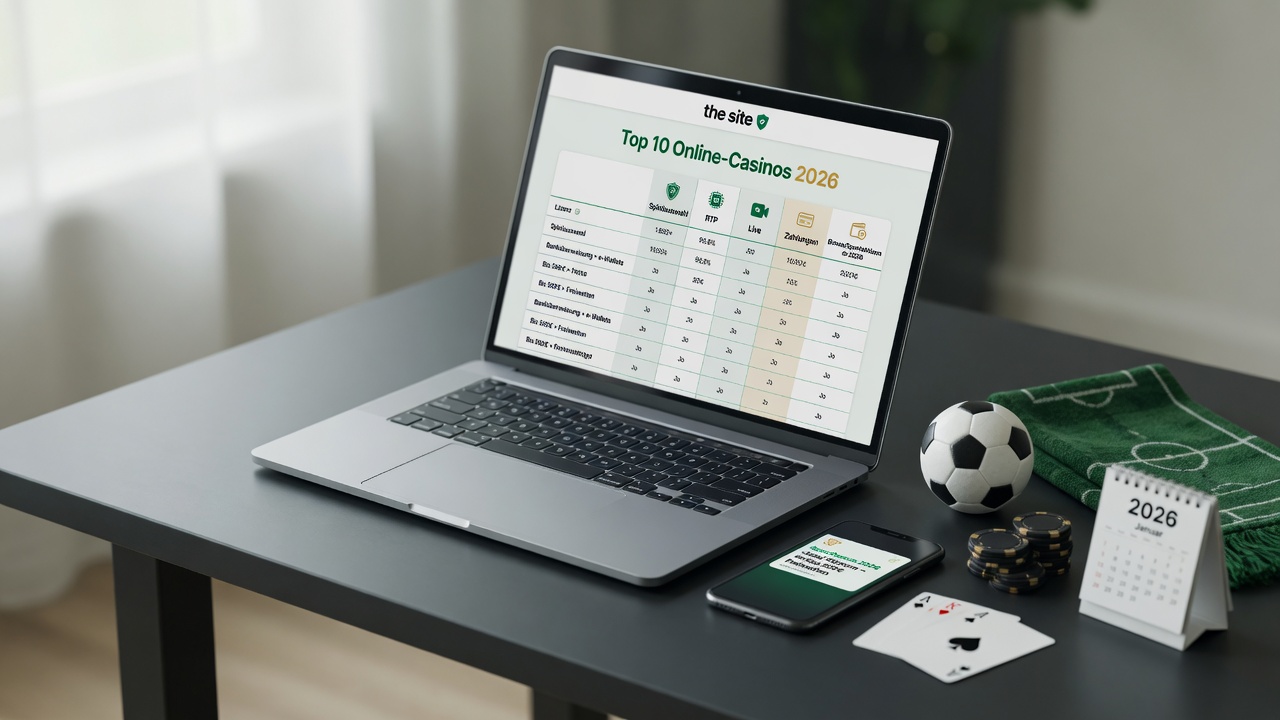 Photographic desk scene with a laptop showing a German Top 10 Online-Casinos 2026 comparison