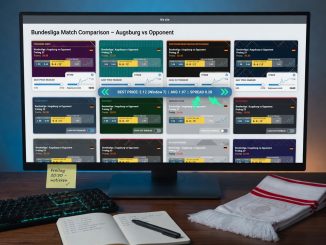 Evening desk scene with a monitor showing 10 anonymized sportsbook windows comparing odds for