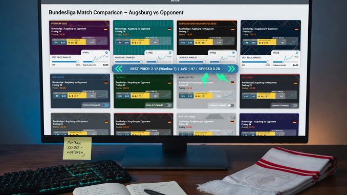Evening desk scene with a monitor showing 10 anonymized sportsbook windows comparing odds for