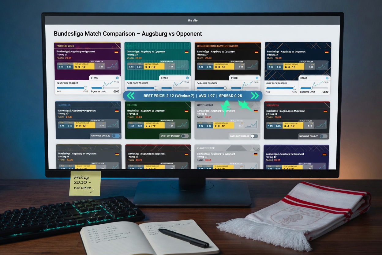 Evening desk scene with a monitor showing 10 anonymized sportsbook windows comparing odds for