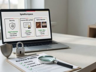 Fotografische Szene: Laptop auf modernem Schreibtisch mit neutralem SpielKompass-Vergleich zu Sicherheit, Lizenz (DE) un