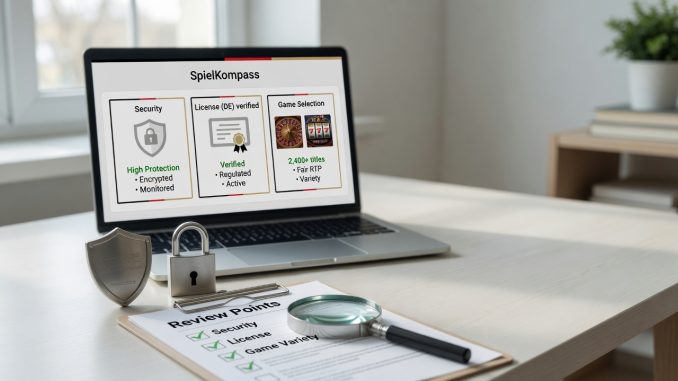 Fotografische Szene: Laptop auf modernem Schreibtisch mit neutralem SpielKompass-Vergleich zu Sicherheit, Lizenz (DE) un