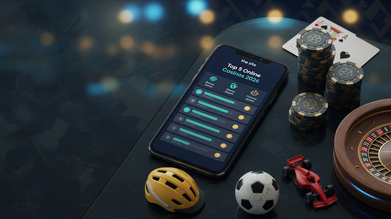 Photographic hero image: smartphone showing a neutral Top 5 Online Casinos 2026 comparison, surrounded