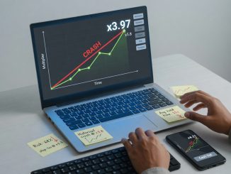 Overhead photo of a laptop showing a rising crash-game multiplier graph that suddenly crashes,