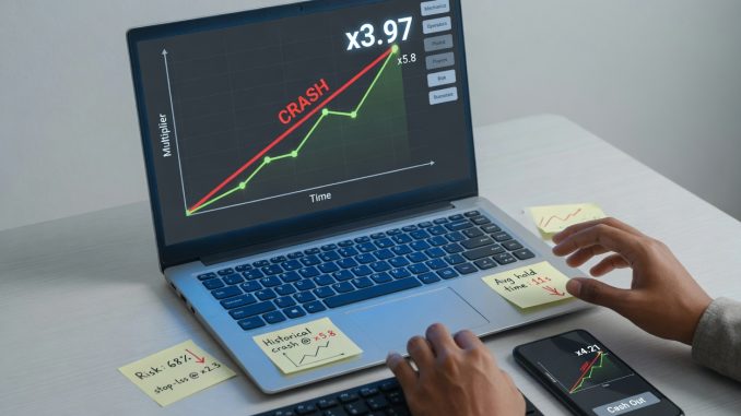 Overhead photo of a laptop showing a rising crash-game multiplier graph that suddenly crashes,