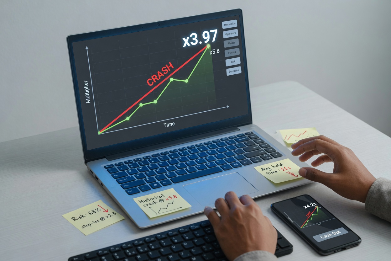 Overhead photo of a laptop showing a rising crash-game multiplier graph that suddenly crashes,