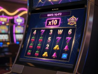 Photorealistic close-up of a modern slot machine with variable-height reels, multipliers, and a Free