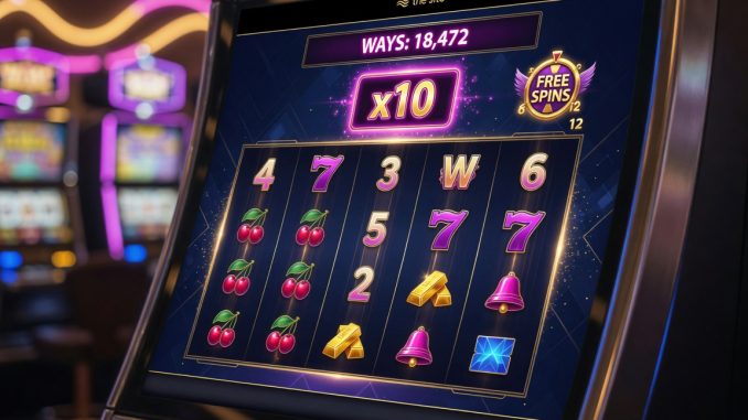 Photorealistic close-up of a modern slot machine with variable-height reels, multipliers, and a Free