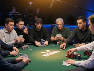 Photorealistic live poker feature table with diverse players mid-hand, dealer pushing chips, subtle broadcast