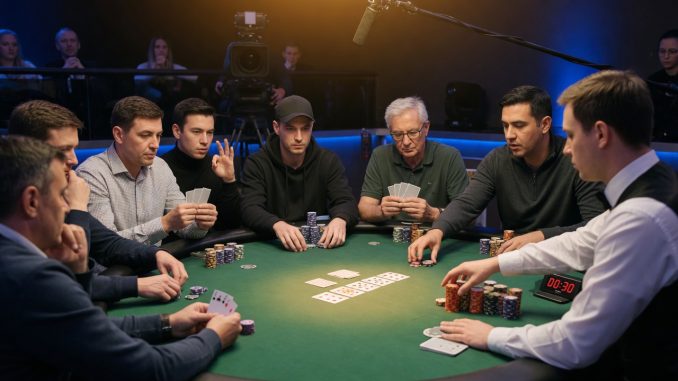 Photorealistic live poker feature table with diverse players mid-hand, dealer pushing chips, subtle broadcast