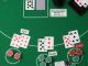Photorealistic top-down photo for the site: a minimal blackjack teaching setup on clean green