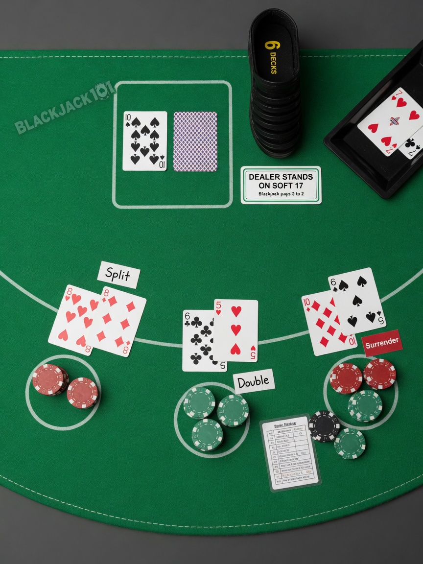 Photorealistic top-down photo for the site: a minimal blackjack teaching setup on clean green
