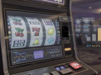 Photographic close-up of a modern slot machine with subtle transparent overlays labeled RNG, RTP,