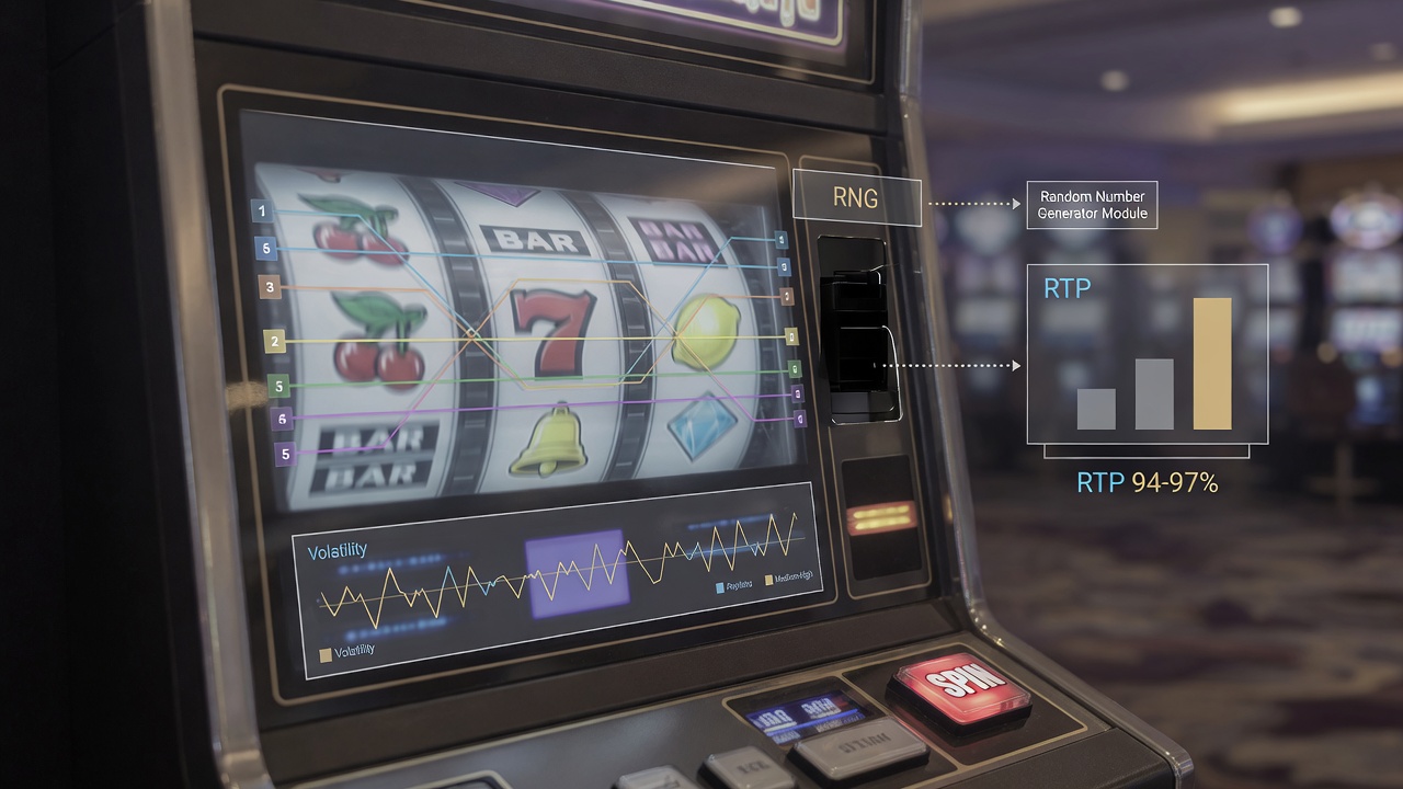 Photographic close-up of a modern slot machine with subtle transparent overlays labeled RNG, RTP,