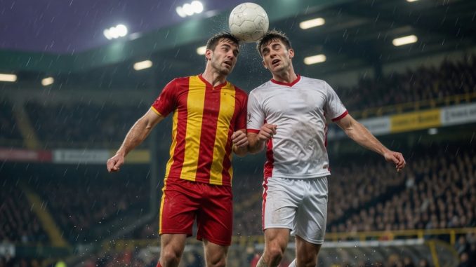 Two opposing footballers—one in red-yellow, one in white with red accents—challenge for a high