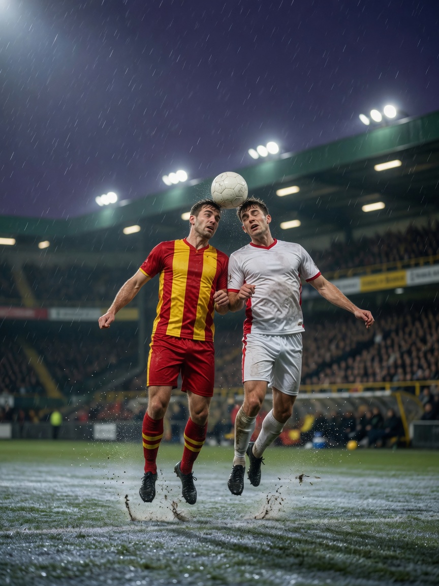 Two opposing footballers—one in red-yellow, one in white with red accents—challenge for a high