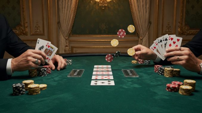 Split poker table photo contrasting Texas Hold’em (2 hole cards, NLH) and Omaha (4