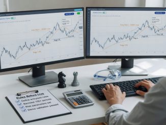 Over-the-shoulder photo of an analyst testing strategies in a trading platforms demo mode on