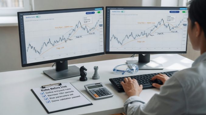 Over-the-shoulder photo of an analyst testing strategies in a trading platforms demo mode on