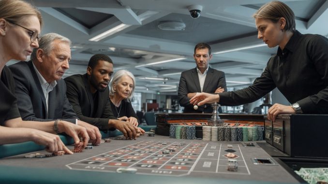 Editorial photo of a modern casino roulette table showing the dealer releasing the ball,