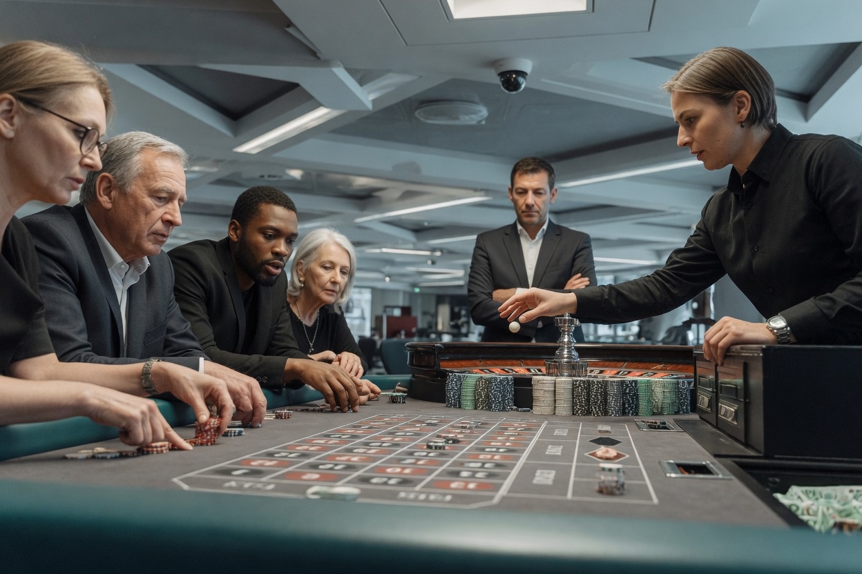 Editorial photo of a modern casino roulette table showing the dealer releasing the ball,