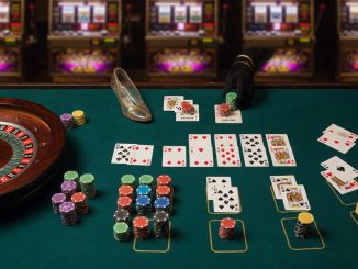 Top-down photographic still life on green felt summarizing casino games in a single, clean