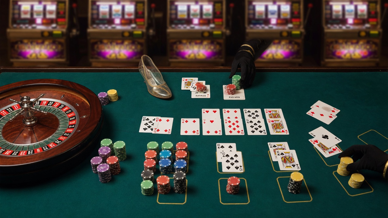 Top-down photographic still life on green felt summarizing casino games in a single, clean