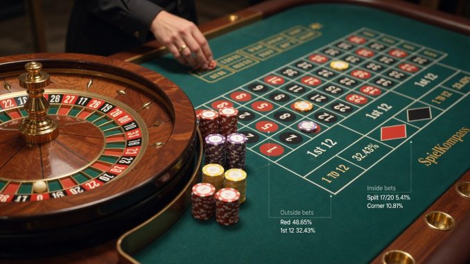 Fotografische Szene eines europäischen Roulette-Tisches: scharfes Rad mit rollender Kugel, klar sichtbares Setzfeld mit