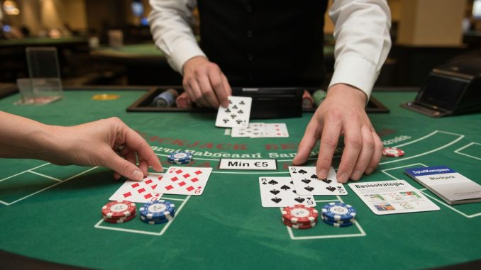 Anfängertaugliche Blackjack-Szene: Spielerhände splitten zwei Achten am grünen Filz, Dealer zeigt eine 6, kleine