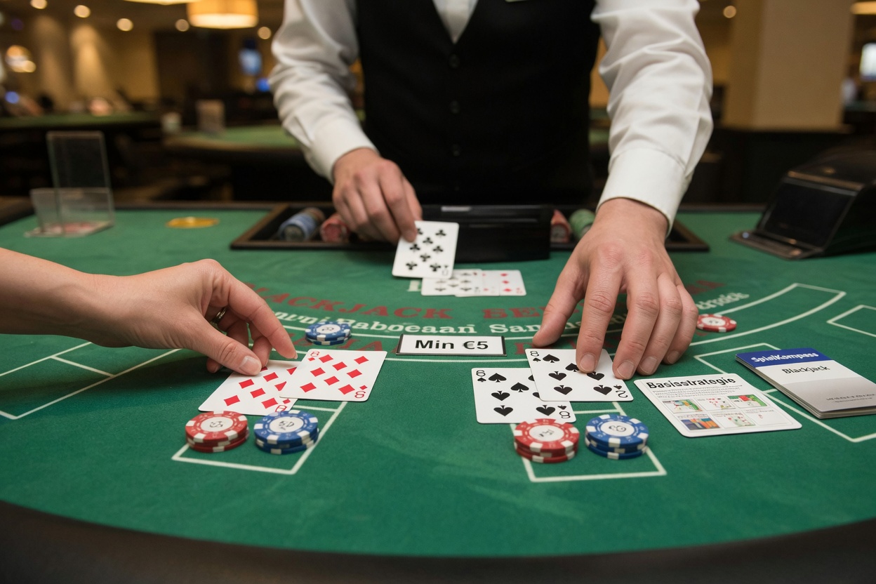 Anfängertaugliche Blackjack-Szene: Spielerhände splitten zwei Achten am grünen Filz, Dealer zeigt eine 6, kleine