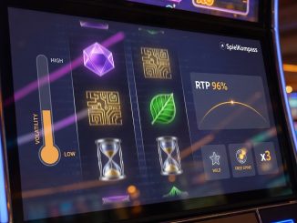 Fotografische Nahaufnahme eines Spielautomaten mit dezenten Overlays zu Volatilität, RTP und Bonusfeatures; sachlich-inf