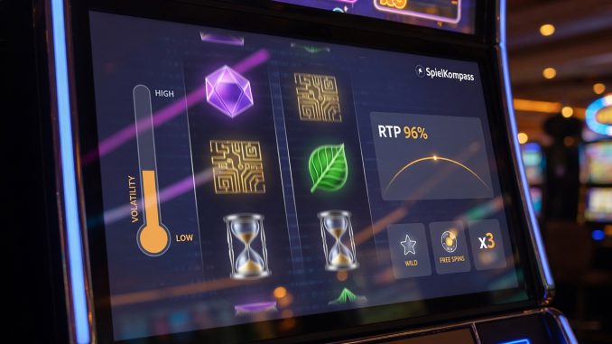 Fotografische Nahaufnahme eines Spielautomaten mit dezenten Overlays zu Volatilität, RTP und Bonusfeatures; sachlich-inf