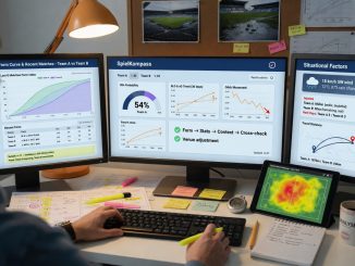 Photographic top-down flat lay of an analyst’s workspace for evaluating sports events on a
